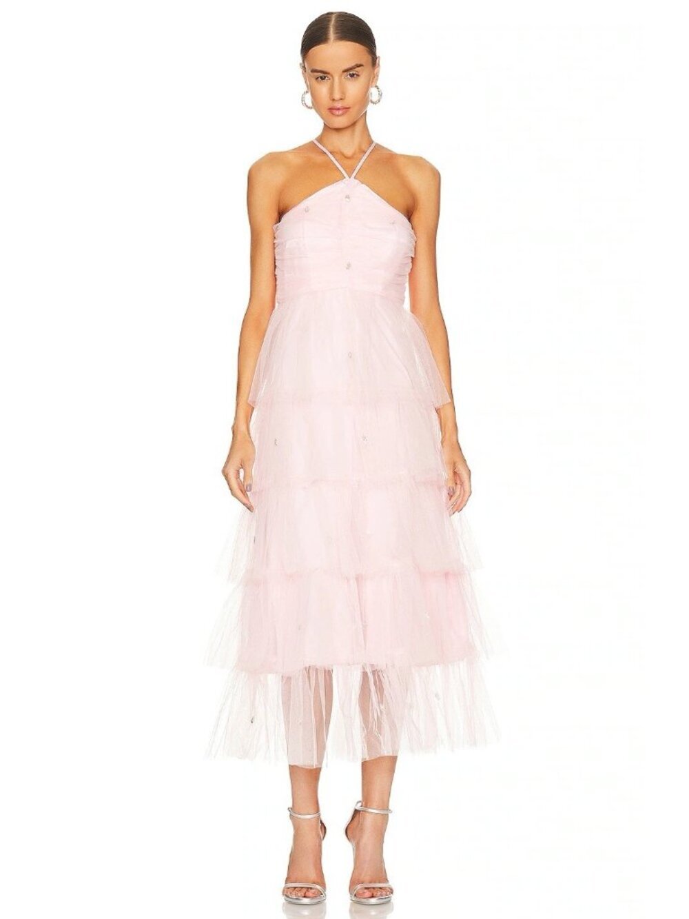 Likely Womens Size 6 Pink Shane Tiered Tulle Halter Neck Maxi Dress Formal Party